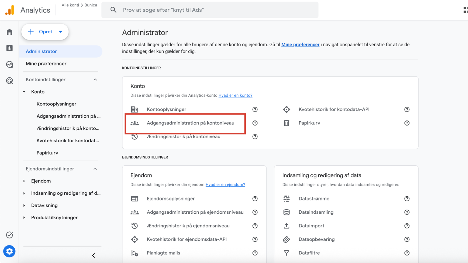 Google Analytics – Adgangsadministration på kontoniveau
