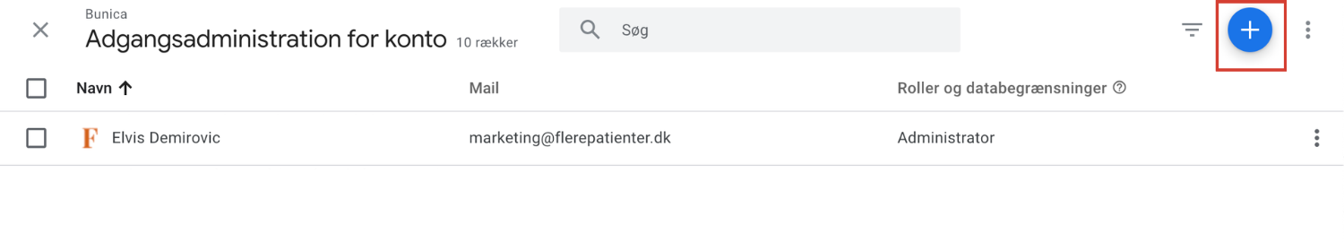 Google Analytics – Tilføj ny bruger via +-ikonet
