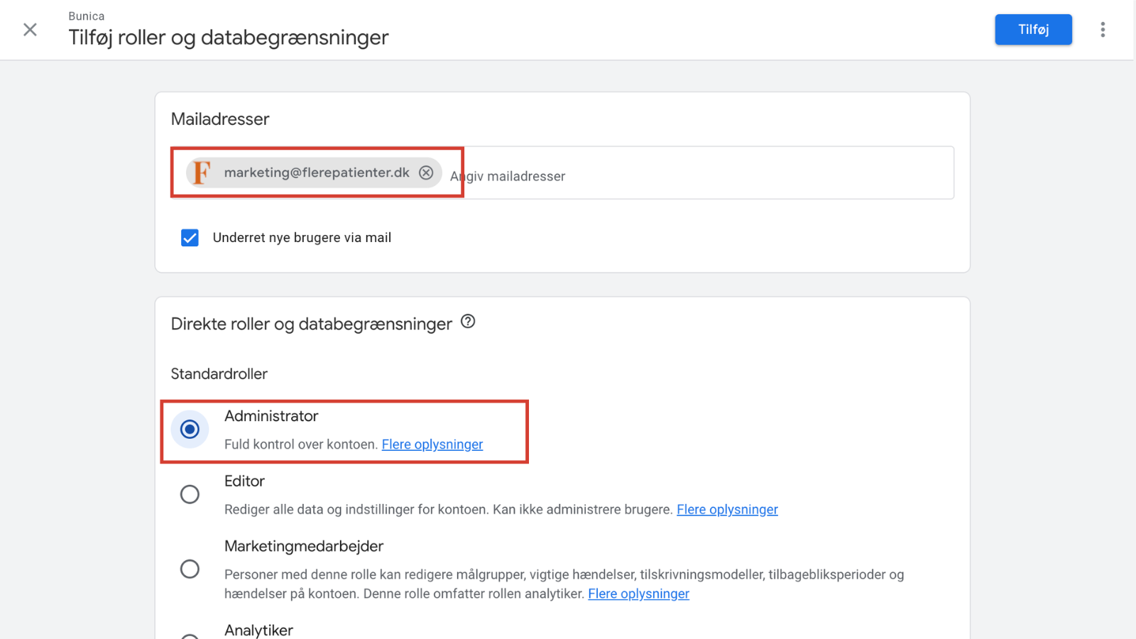 Google Analytics – Indtast mail og vælg Administrator-rollen